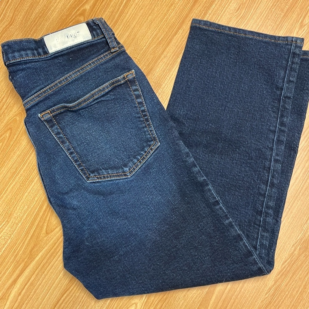 Re/Done straight leg, button fly, dark wash denim with petite inseam